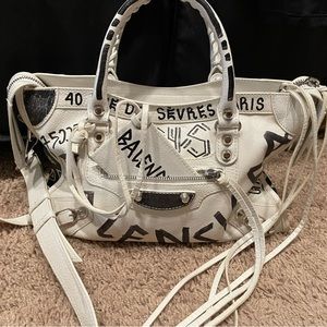 Balenciaga white leather with black  graffiti city tote bag crossbody